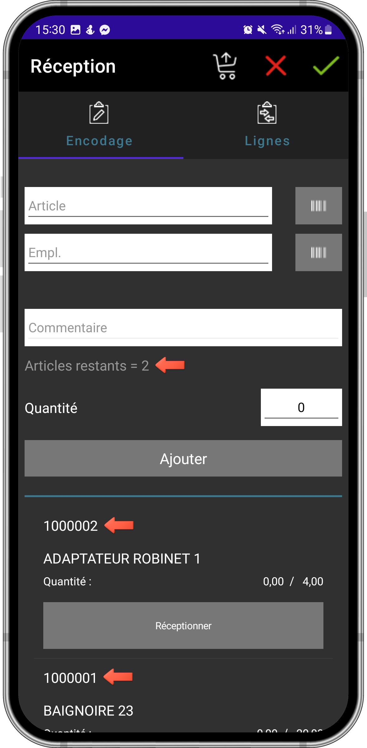 vue sur l'état du picking