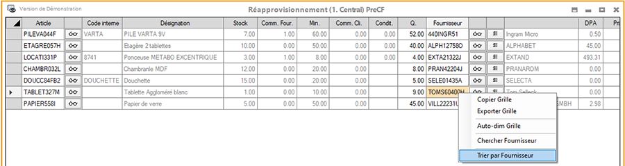 trier par dans le réapprovisionnement Mercator