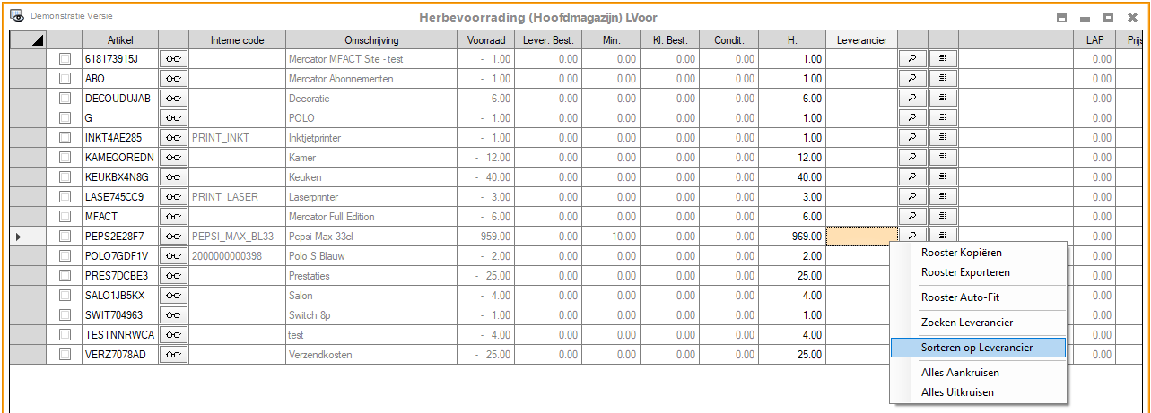 sorteren op in de herbevoorrading Mercator